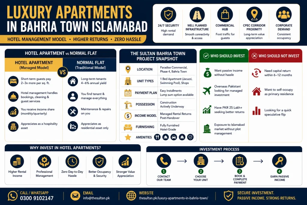 Luxury apartments in Bahria Town Islamabad infographic showing hotel apartment investment benefits, passive income model, and managed property features.